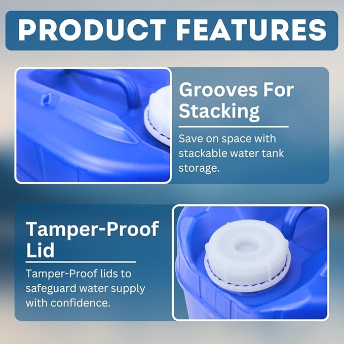 5-Gallon Stackable Water Storage Containers, Water Treatment,5 Gallons Each w/Lids + Spigot, Easy Fill, Survial Supply Emergency Water Storage for Disaster Preparedness, 40 Gallon (8 Tanks)
