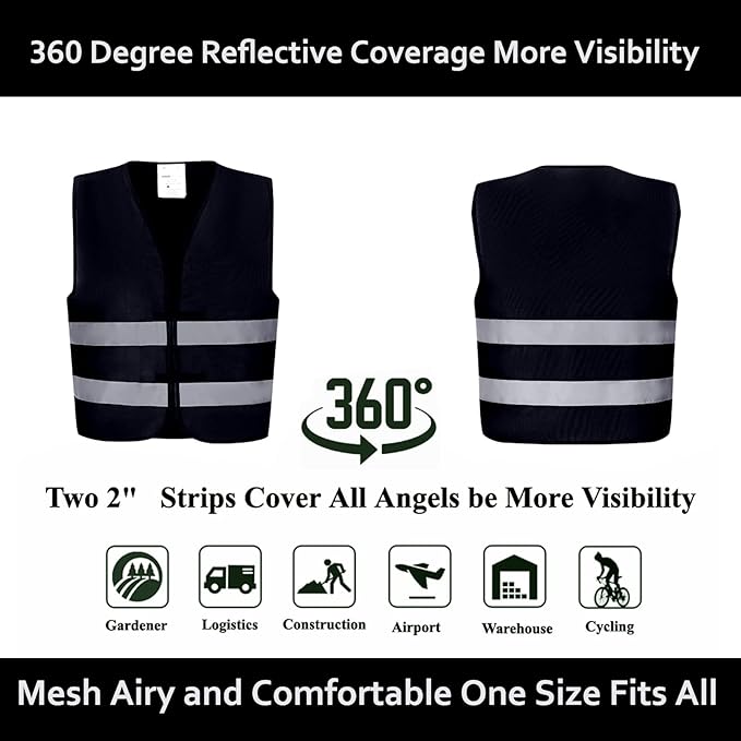 Safety Vests 10 Pack - Black Reflective High Visibility Construction ANSI Class 2 Work Vests for Men,Woman,Hi Vis and Neon Silver Strip