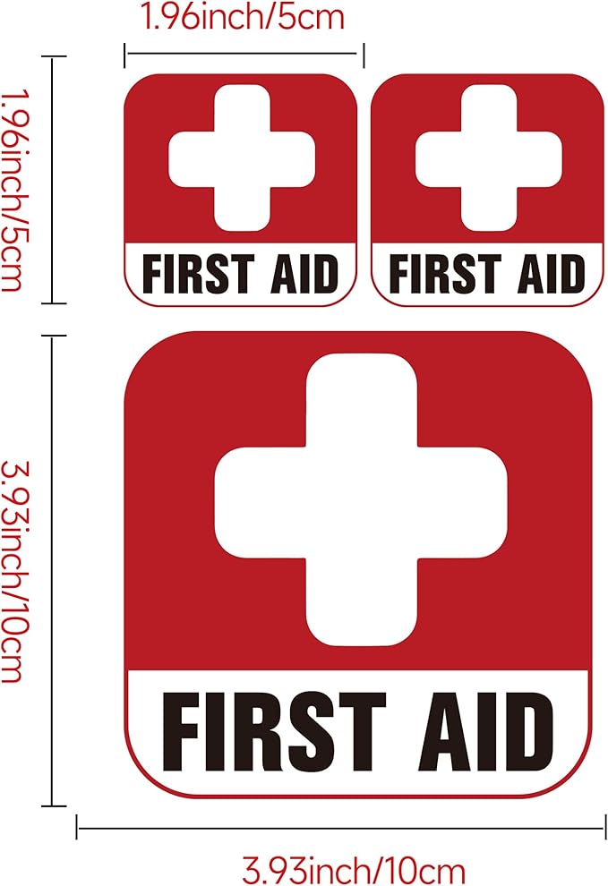 3PCS First Aid Sign Sticker for Box，Self-Adhesive Waterproof Small First Aid Decals for Home, Emergency First Aid Kit Supplies for Home, Office or Business (4x4IN, 2X2IN)