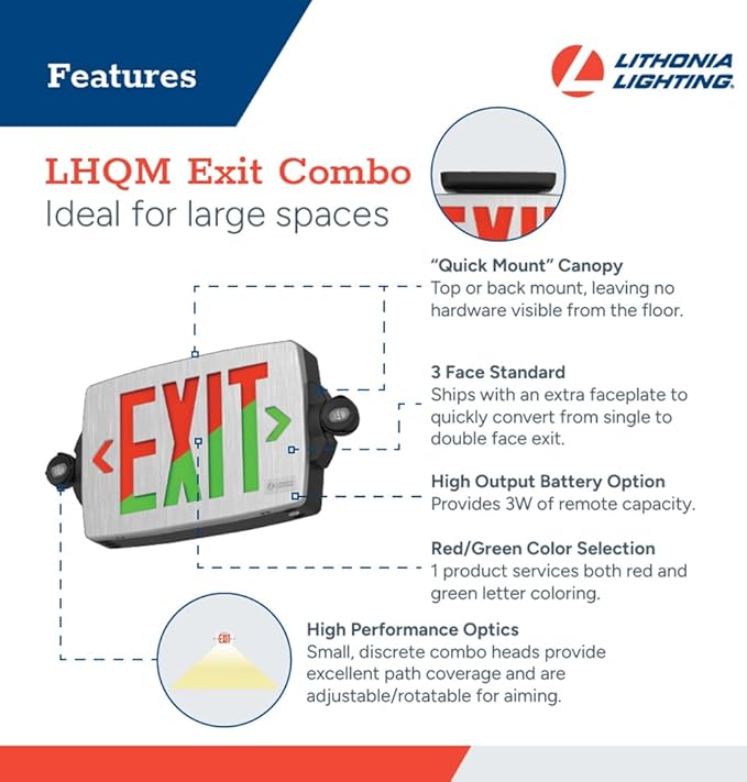Lithonia Lighting Quantum LED Exit Sign Emergency Light Combo, Exit Sign and Emergency Lights for Business, 2-Head Fixture, Red/Green Selectable Letters, Brushed Silver (LHQM S BBS RG MVOLT M6)