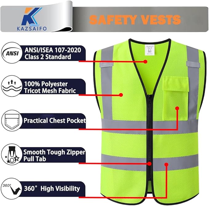 Hi Vis Reflective Safety Vest for Men Women Work,Mesh High Visibility Class 2 Construction Vest with Chest Pocket and Zipper Front,Meets ANSI/ISEA Standard (KZ179-Yellow-XL)