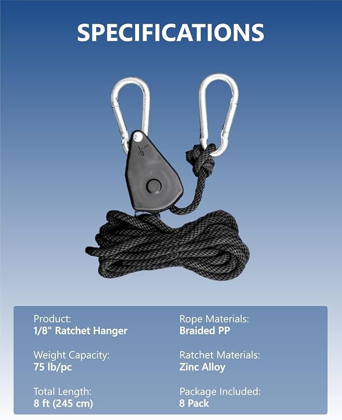 1/8" Adjustable Grow Light Hangers: 8 Pack Easy of Use Ratchet Ropes - Quick Hanging Accessories for Grow Tent