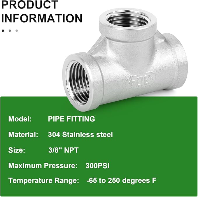 TAISHER 5PCS Stainless Steel Tee Pipe Fittings, 3/8" x 3/8" x 3/8" NPT Female Pipe Fittings