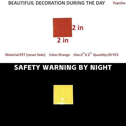 Non Fading Orange Reflective Stickers 2 inch X 2 inch, Outdoor Waterproof High Visibility Warning Safety Adhesive Reflector Tape (50 Pcs)