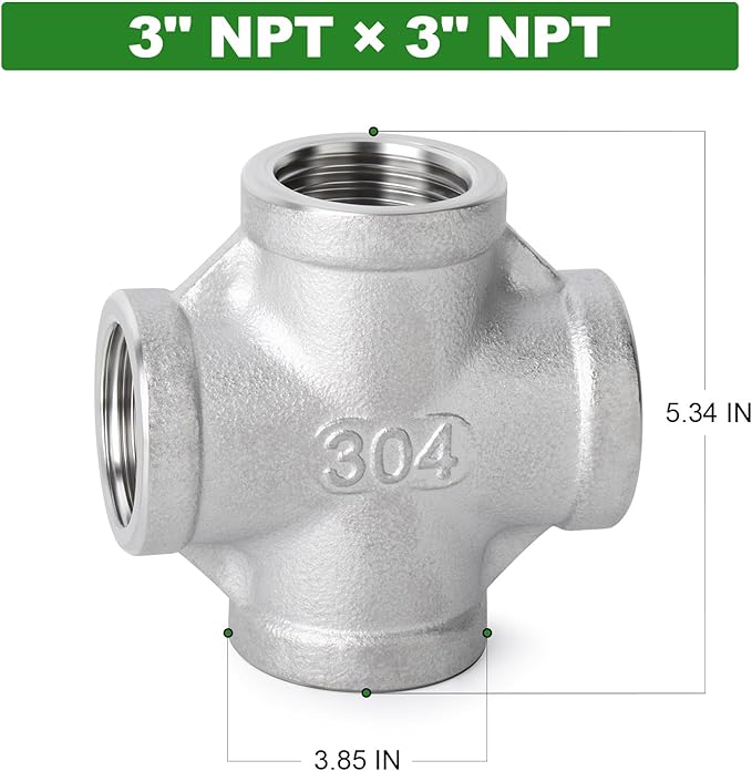 TAISHER 1PCS Stainless Steel 4 Way Pipe Fittings, 3" x 3" x 3" x 3" NPT Female Pipe Fittings