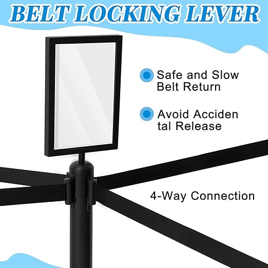 Geelin Heavy Duty Crowd Control Stanchions Stainless Steel Stanchion Set with Safety Barrier Post with Retractable Belt and Sign Holder Crowd Control Barrier(9.8ft,Black,12 Pcs Sets)