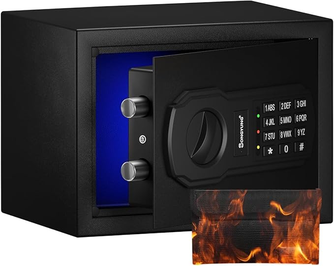 Fire Resistant Safe Box with Fireproof Waterproof Bag and Sensor Light,0.23 Cubic Feet Money Safe with Emergency External Power Supply,Electronic Digital Security Safe