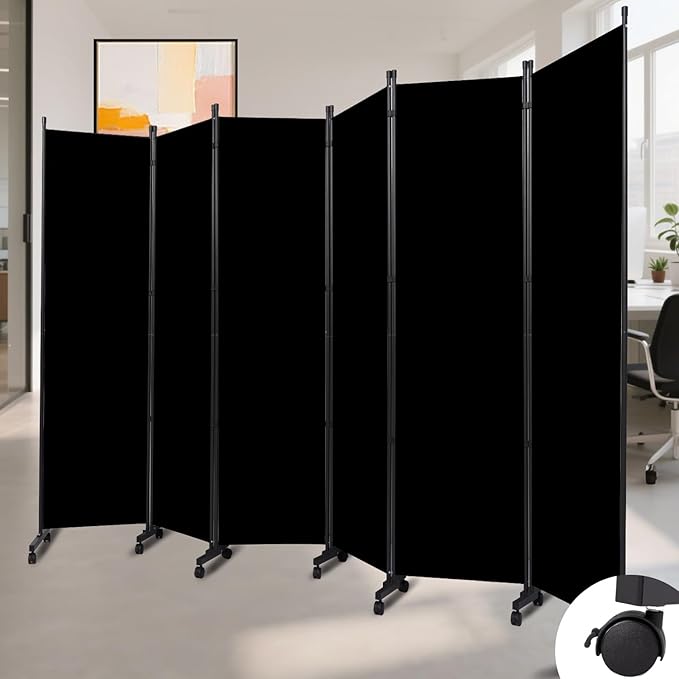 Room Divider (6 Panel) Wall Divider for Room Partition, 132 inch Metal Frame Wide Portable Privacy Screens W/Wheels, Freestanding Room Separators 5.6FT Room Divider Panel