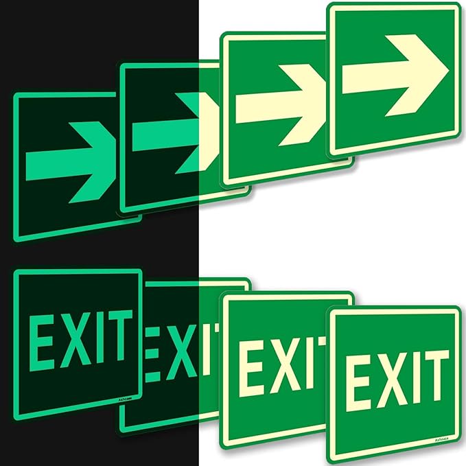 Exit Signs Glow in the Dark Exit Decals, 8 Pcs, (Cm 15x15), Emergency Exit Sign Sticker with Directional Arrow of Exit Light