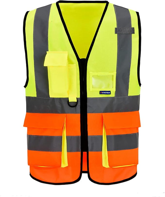Yellow&Orange Color Mixed High Visibility Safety Vest with 7 Pockets with Reflective Strips and Zipper, X-Small