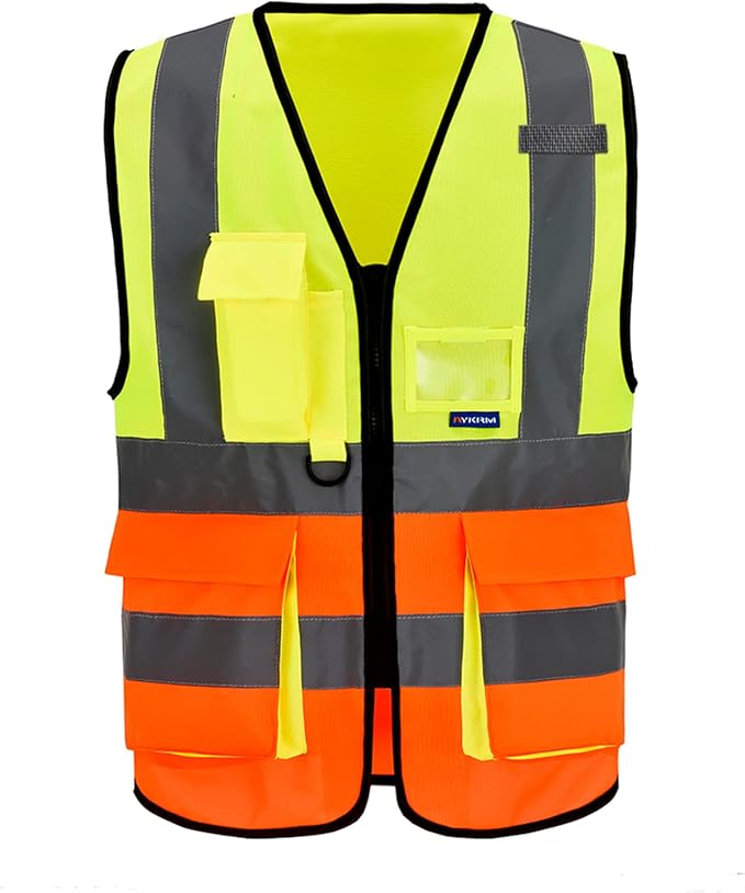 A-SAFETY yellow orange High Visibility Construction Safety Vest with Pockets zipper, Orange&Yellow Color Mixed, XXXL