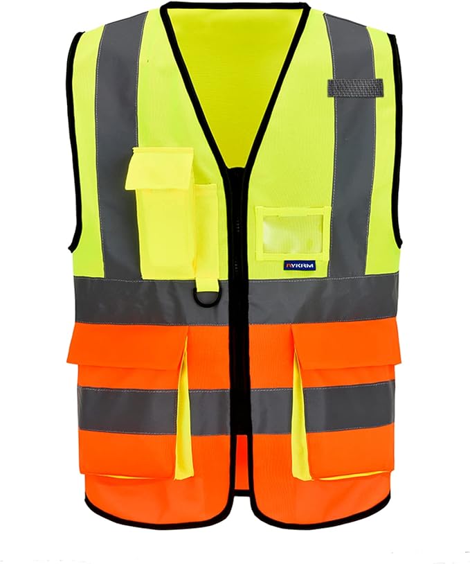 A-SAFETY Industrial Safety Vest, Hi Vis 9 Pockets High Visibility Zipper Front Reflective Safety Vest, Orange&Yellow Color Mixed, XL
