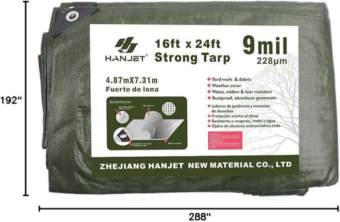 Heavy Duty Tarp 16' x 24' 9-mil Waterproof Poly Reinforced Tarp Cover Tent Shelter Camping Tarpaulin with Grommets Forest Green