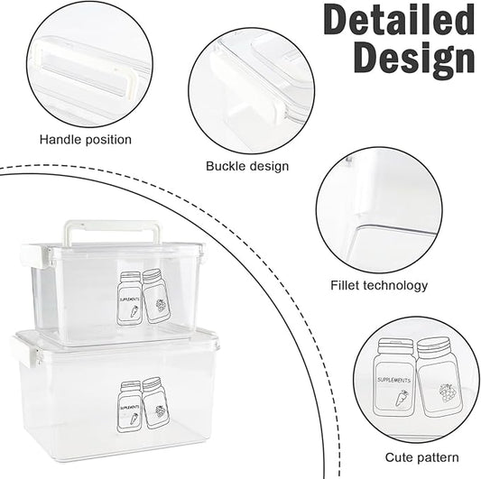 3 Pack Supplement Bottle Organizer with Travel Pill Organizer, Clear Plastic Vitamin Pill Bottle Organizer with Lid & Handle, Stackable First Aid Box Empty for Medicine, Fish Oil, Supplements