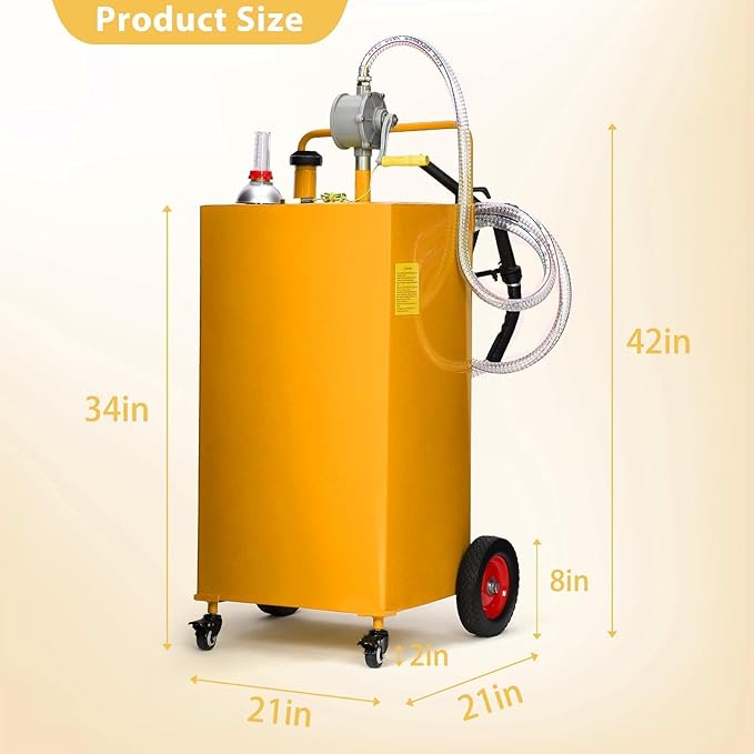 35 Gallon Fuel Caddy with Manual Pump, Heavy Duty Portable Gas & Diesel Transfer Tank on 4 Wheels, Spill-Proof Container for Truck, Tractor, Boat, ATV, Farm,Orange