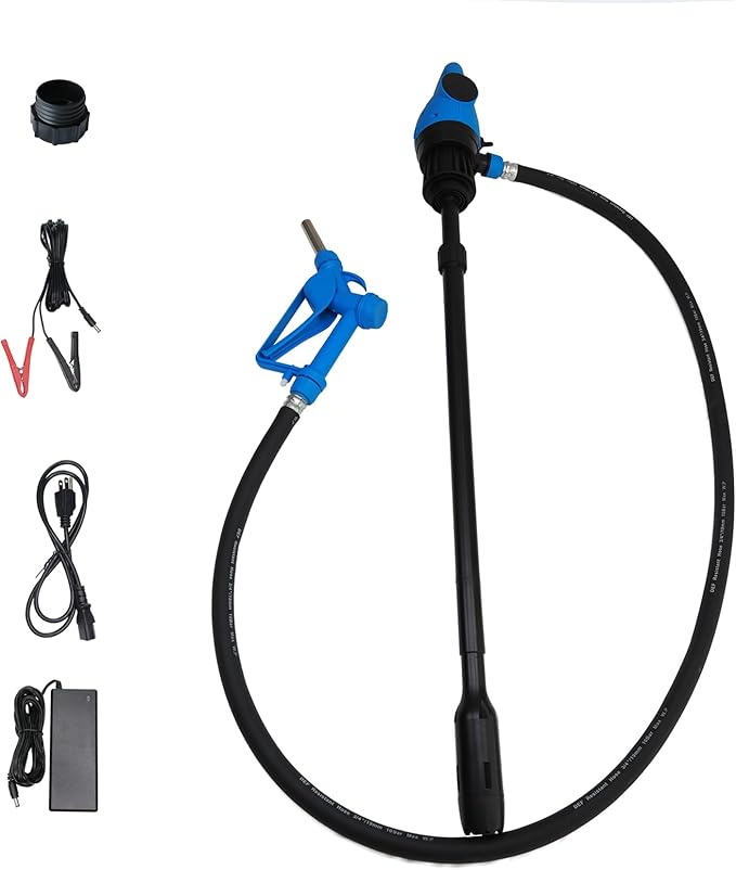 Electric Drum Pump (120V AC / 12V DC), 5 GPM flow fuel pump, for DEF, diesel, water, antifreeze. Includes a 6.6ft hose, 2-inch bung adapter, and 34-49in telescoping suction tube for 55-gallon barrels.