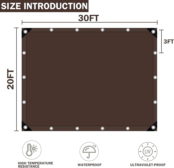 Tarps Heavy Duty Waterproof, 16 Mil Large Tarps with Grommets, UV Resistant and Tear&Fade Resistant, Brown Heavy Duty Tarps for Outdoors Patio Camping, 20 * 30FT
