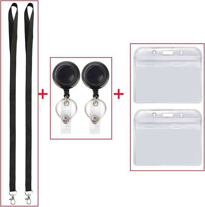 YOUOWO 2 Pack Lanyard with id Badge Holder Retractable Lanyard Black with Card Holders Horizontal Retractable Badges Reel Clip for Card Holders Waterproof with Lanyards