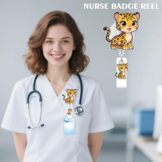 Cute Leopard Badge Reel for ID Card, Funny Leopard Retractable Nurse Alligator Clip Badge Reel for Women, ID Name Tag Badge Holder for Office School Hospital Nurses Doctors Teachers