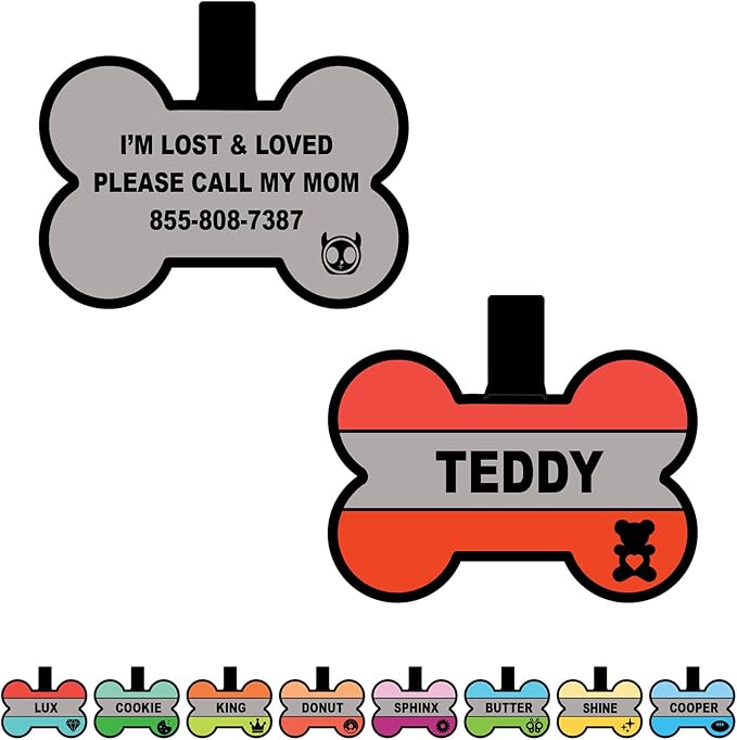 Silent Dog Tag Personalized with 5 Lines of Custom Deep Engraved Durable Soundless Silicone Pet ID Name Tag Bone Design Red