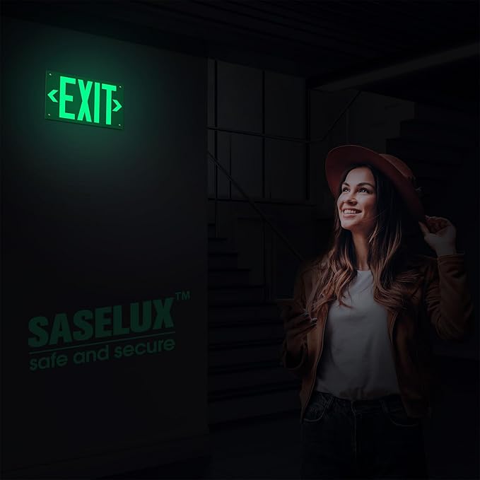 Photoluminescent Exit Sign Aluminum - Adhesive Backing Glow In The Dark - Removable Arrows Included - Pre-drilled Holes - 12x7 Inches - Non Electrical Green Exit Light For 50 Feet Visibility (2 Pack)