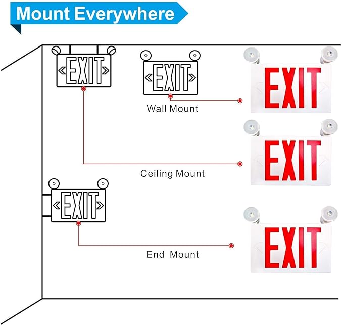 2 Pack Red Led Exit Sign with Emergency Lighting Battery Backp -Two LED Adjustable Head -120V/277V-UL Listed-Exit Lighting -Dual LED Lamp ABS Fire Resistance for Power Failure.