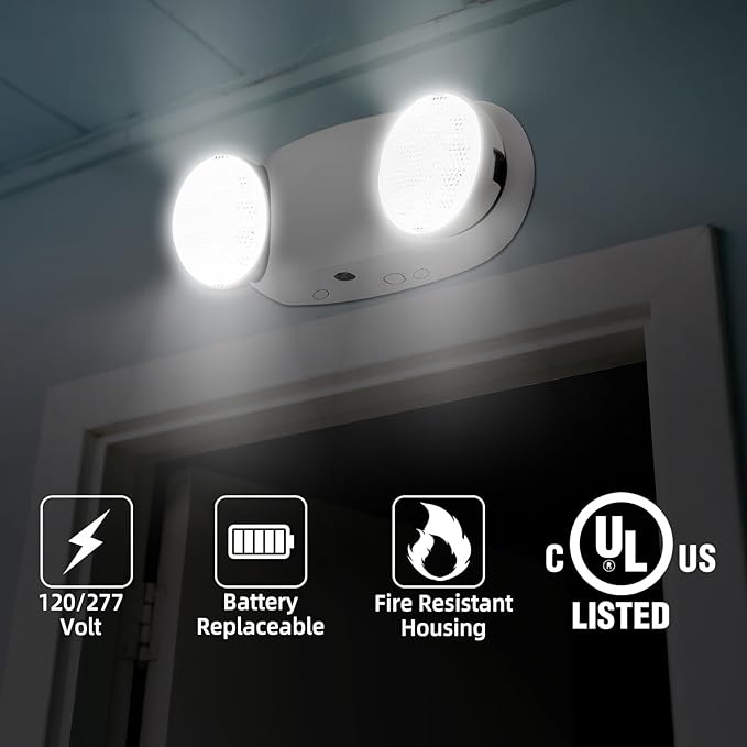 Emergency Light, Emergency Lighting with Battery Backup，Commercial Emergency Lights Combo for Business, Two Adjustable Heads,UL Listed,120V/277V AC, 4 Pack