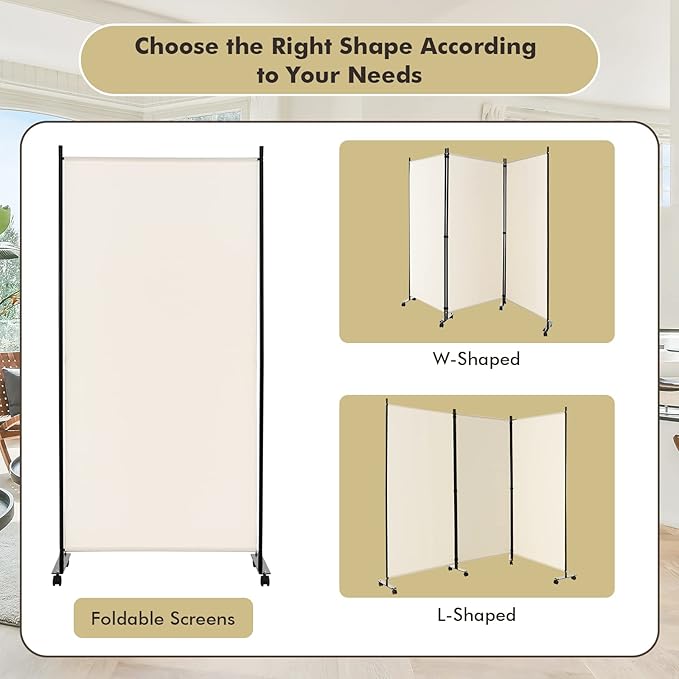Giantex 3 Panel Room Divider with Wheels, 103''W x 71''H Folding Privacy Screen, Rolling Partition Room Dividers for Home Office Studio, Freestanding Fabric Wall Divider for Room Separation, Beige