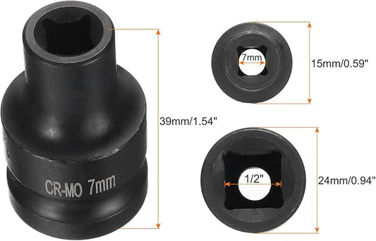 HARFINGTON 4 Point Square Socket 1/2" Drive 7mm Metric Square Impact Socket CR-MO Blackening Standard Wheel Sockets Pneumatic Socket Tool for Auto Repair Mechanical Maintenance Home Use