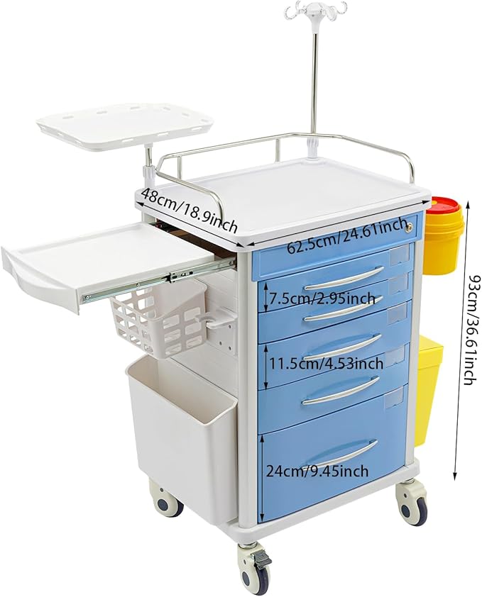 Rolling Crash Cart with Drawers & Adjustable IV Pole, Silent Casters, Needle Disposal Holder, Trash Bin, O2 Holder, Utility Trolley Cart for Clinic, Hospital, Salon, Lab, Load 176 Lbs (Blue)