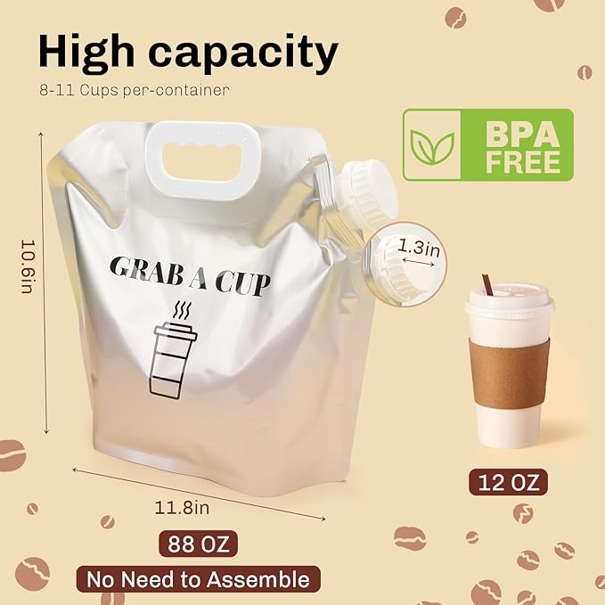 10 Pack Disposable Coffee Dispensers with Handle Coffee Box Cold Hot Beverage Dispenser COFFEE Carrier with Handle Take Out Camping Water Storage Containers Water Bag for Hiking (88oz) (White)
