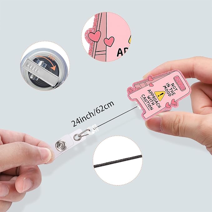 Badge Clips Retractable, Pink Badge Reel with Alligator Clip, Glitter Acrylic Cute Badge Holder (Bad Mood)