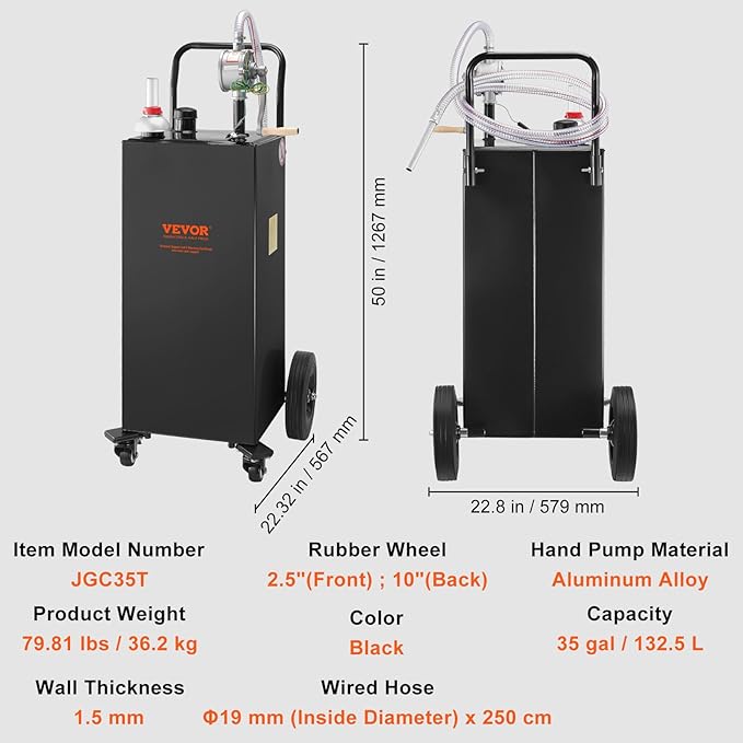 VEVOR Fuel Caddy, 35 Gallon, Gas Storage Tank on 4 Wheels, with Manual Transfer Pump, Gasoline Diesel Fuel Container for Cars, Lawn Mowers, ATVs, Boats, More, Black