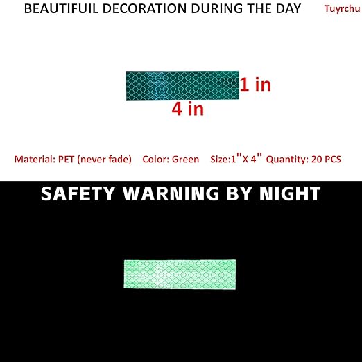 Non Fading Green Reflective Stickers 1 inch X 4 inch, Outdoor Waterproof High Visibility Warning Safety Adhesive Reflector Tape (20 Pcs)
