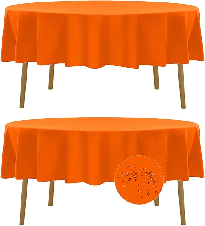 Fokitut 2 Pack Waterproof Round Tablecloth, 60 Inch, Stain Resistant and Wrinkle Polyester Table Cloth, Fabric Table Cover for Kitchen Dining, Wedding, Party, Holiday Dinner-Orange