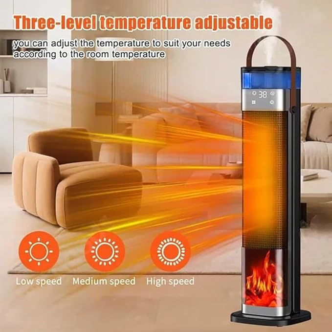 Tower Heater for Bedroom with Thermostat, Spray Humidification, 3D Simulated Flame, 3 Heating Modes, 12H Timer, 360°Protection, Portable Battery Powered Heaters for Indoor Use Large Room & Office