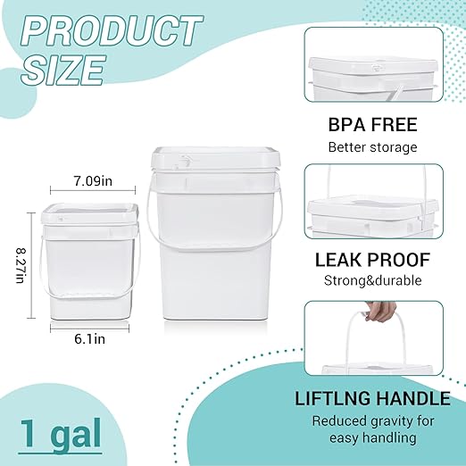 ASEVAT White 1 Gallon Bucket with Lid, Square Food Grade Storage Containers with Lids, Pail Container with Handle, Bucket for Cleaning Heavy-Duty Extra Durable BPA Free