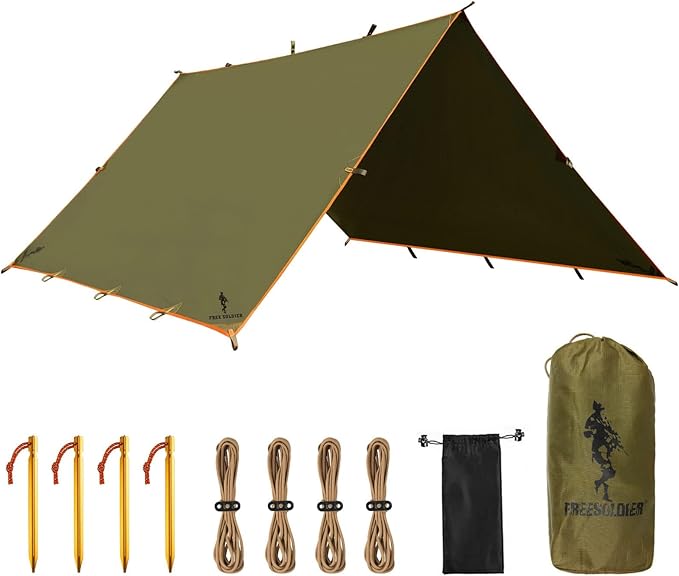 FREE SOLDIER Camping Tarp Waterproof Portable Multifunctional Outdoor Camping Traveling Awning Backpacking Shelter Rain Tarp (Brown 13×13ft)
