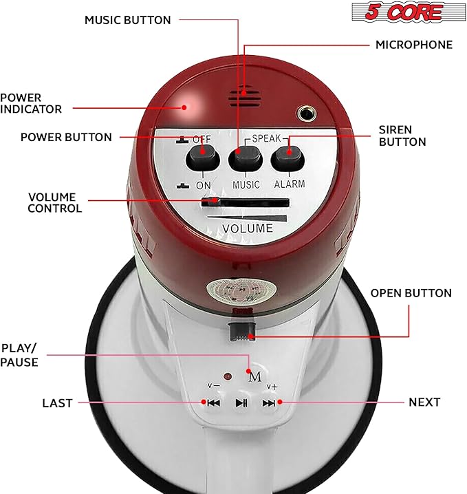 5 CORE 40W Megaphone Bullhorn Cheer Bull Horn Speaker Rechargeable Megaphono 1000 Yard Range Siren Recording USB SD Card AUX Detachable Microphone for Cheerleading, Football, Safety Drills