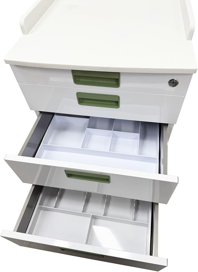 4 Drawer Dental Assistant's Mobile Cabinet Stainless Steel Office File Storage Cart Moving Side Cabinet Mobile Utility Storage Cart with 2 Trays for Dental Medical Office White and Green