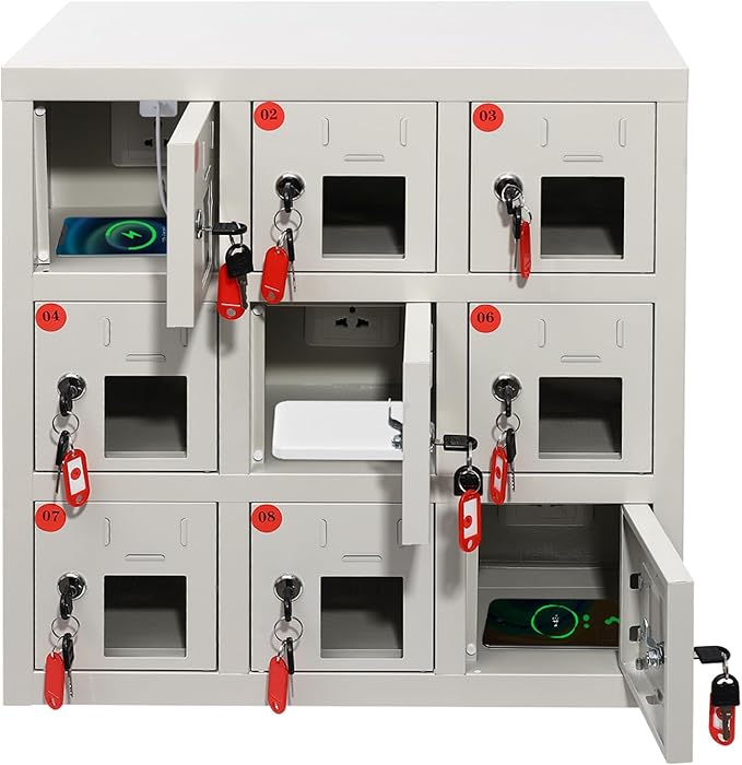 Cell Phone Locker 9 Slot Cellphone Charging Station Metal Cellphone Charging Cabinet Rechargeable Mobile Phone Cabinet for Office Classroom (9 Slot)