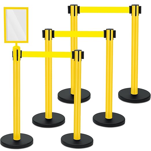 Therwen 6 Pack Heavy Duty Crowd Control Stanchions 9.8 ft Stainless Steel Stanchion Set with Safety Barrier Post Retractable Belt and Sign Holder Crowd Control Barrier(Yellow Belt, Yellow)