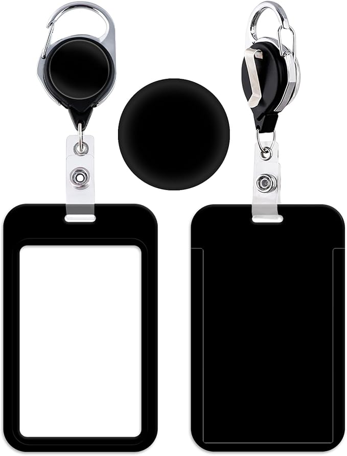 Black Retractable Badge Holder with Carabiner Clip, Durable ID Card Holder Reel for Work, School, Events, Office, Hospital, Simple Card Sleeve for Men, Teacher, Women