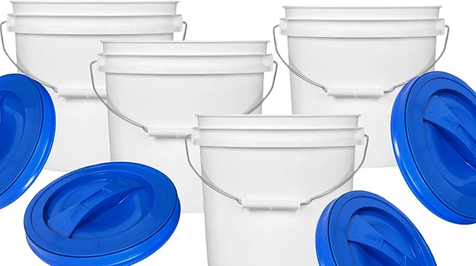 House Naturals 2 Gallon Plastic Food Grade BPA Free Made in USA Buckets with Blue Screw On Lids (Pack of 4)