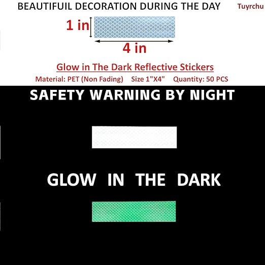 Glow in The Dark Reflective Stickers 1 inch X 4 inch for Truckskes, Warning Strong Safety Adhesive Reflective Strips (50 Pcs)