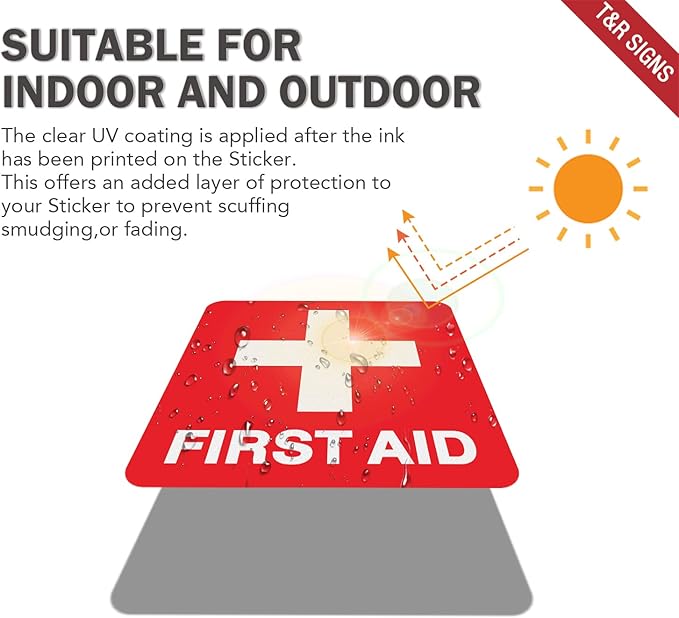 T&R First Aid Stickers, First Aid with Cross Symbol - 10 Pack - 5 x 5 Inches Reflective Label, UV Resistant, Waterproof, Fade and Scratch Resistant, Suitable for Indoor and Outdoor