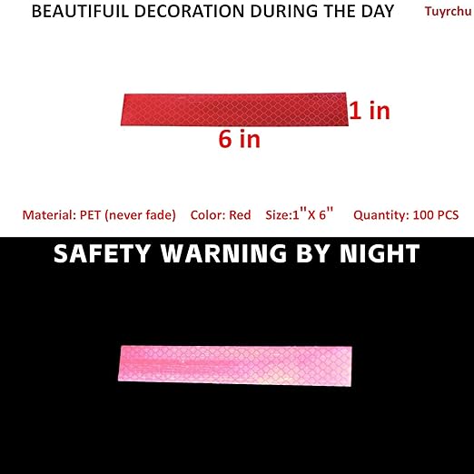 Non Fading Red Reflective Stickers 1 inch X 6 inch, Outdoor Waterproof High Visibility Warning Safety Adhesive Reflector Tape (100 Pcs)