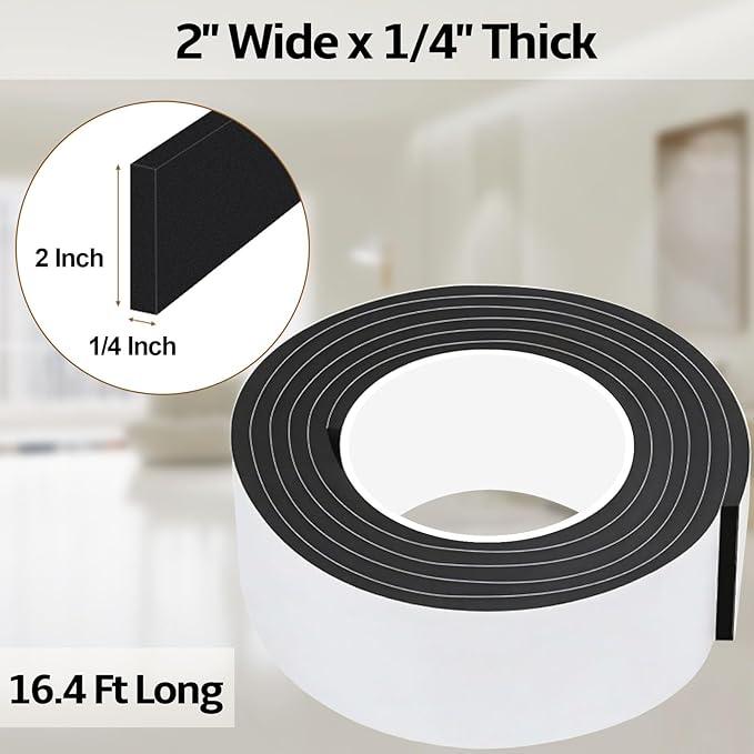 16.4 Feet Foam Weather Stripping Tape,2 Inch W x 1/4 Inch T,High Density Insulation Tape,Self-Adhesive Seal Strip for Doors & Windows-Draft Blocker,Soundproofing,Waterproof，Black