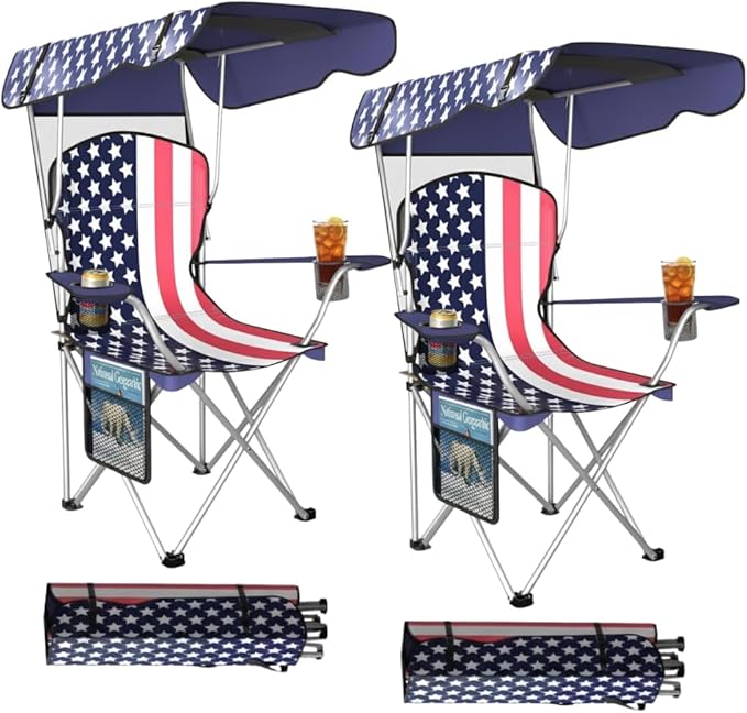 Portable Folding Camping Chairs with Canopy Shade, Beach Chair for Adults, Durable Weather Resistant 600D Oxford Cloth, Camping Chair with Canopy for Outdoors [Flag-2 Pack]