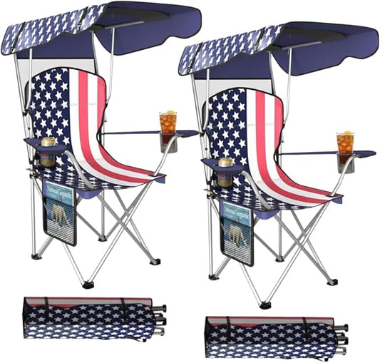 Portable Folding Camping Chairs with Canopy Shade, Beach Chair for Adults, Durable Weather Resistant 600D Oxford Cloth, Camping Chair with Canopy for Outdoors [Flag-2 Pack]